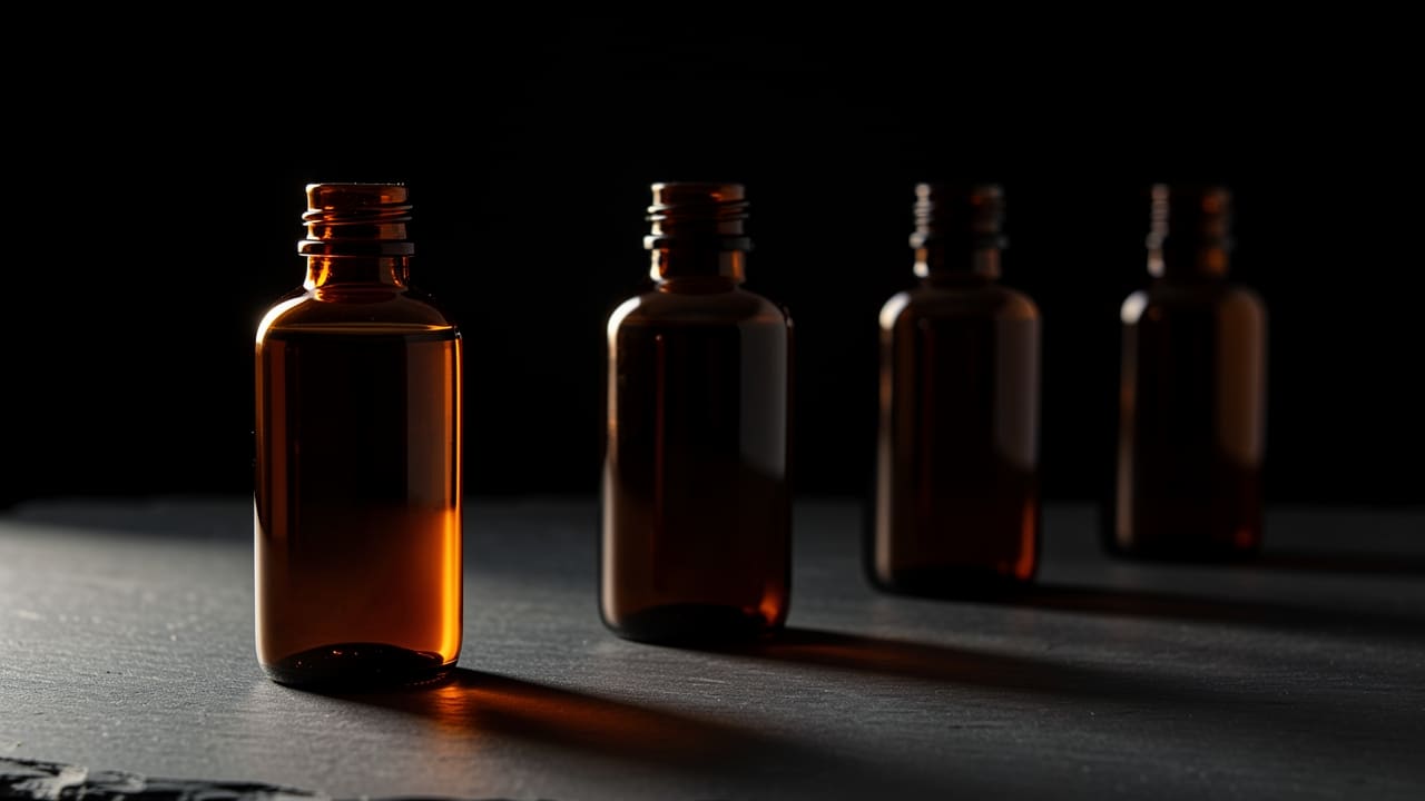 Row of sealed amber glass bottles on dark slate, each catching a different beam of warm light, arranged left to right as if in sequence