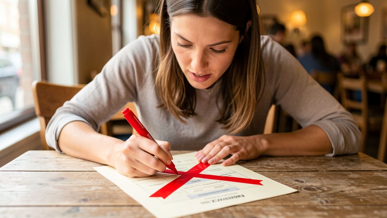 A woman drawing a bold red X through a printed page layout with a thick marker at a café table, warm window light, shallow depth of field