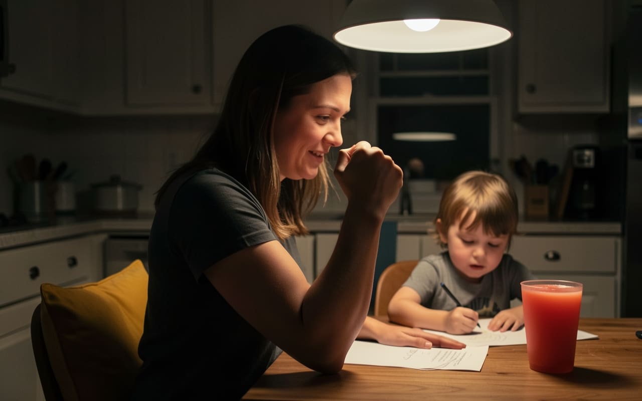 The same parent at the kitchen table making a quiet fist-pump gesture while a young child colors nearby