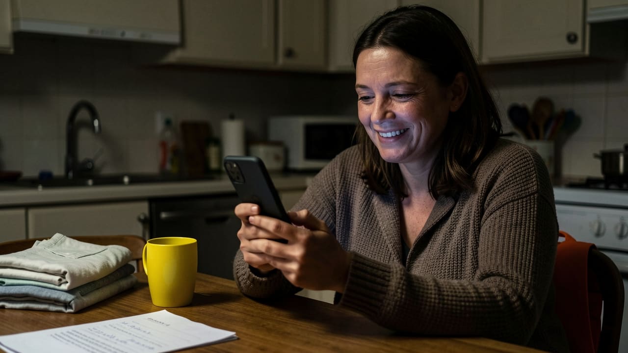 A parent at a kitchen table breaking into a relieved smile at a phone notification, laundry and kids' homework visible in the background