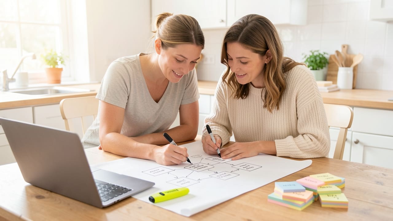 Two women at a kitchen table sketching an email sequence flow on paper with a laptop closed beside them