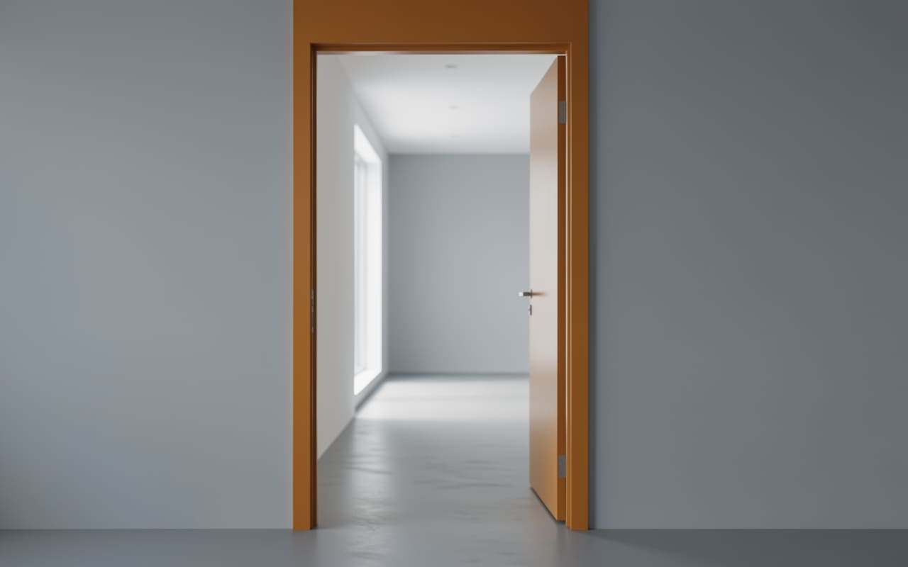 A narrow office doorway framing a lit corridor beyond, cool daylight, minimal and architectural