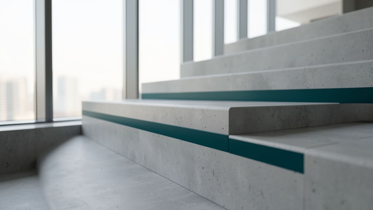 A tall office staircase lit by cool daylight streaming through floor-to-ceiling windows, shallow depth of field on a single concrete step edge, editorial minimal