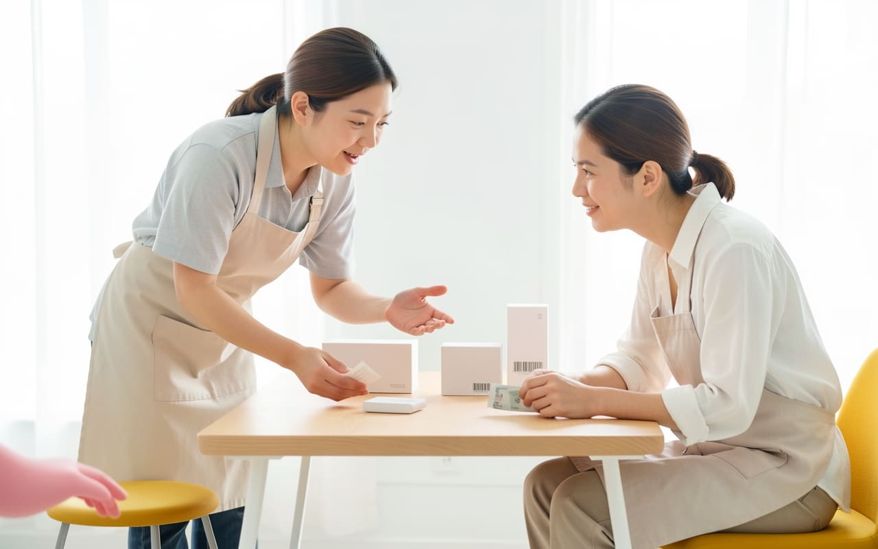 A maker in an apron leaning across a small table, showing a customer something in a notebook while both look engaged