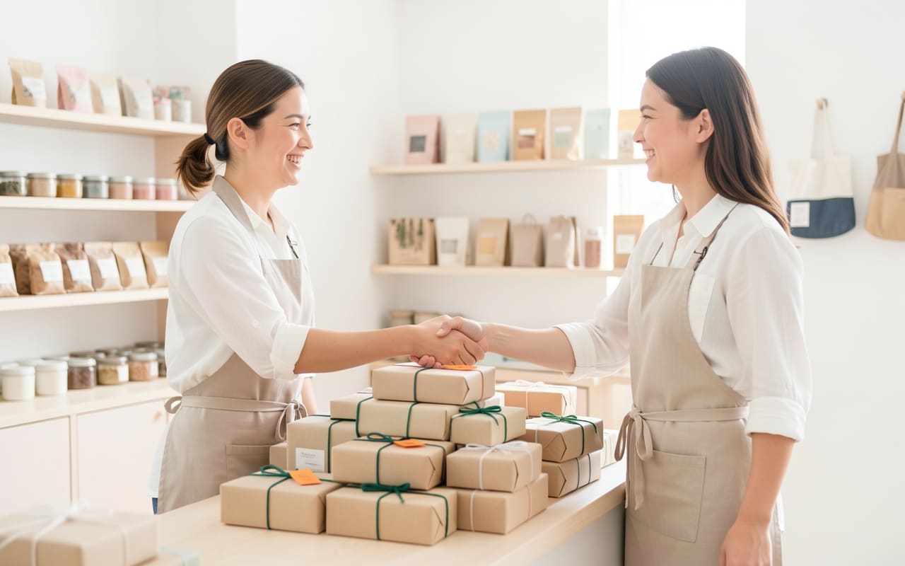A maker and a customer shaking hands over a small counter stacked with neatly packaged products