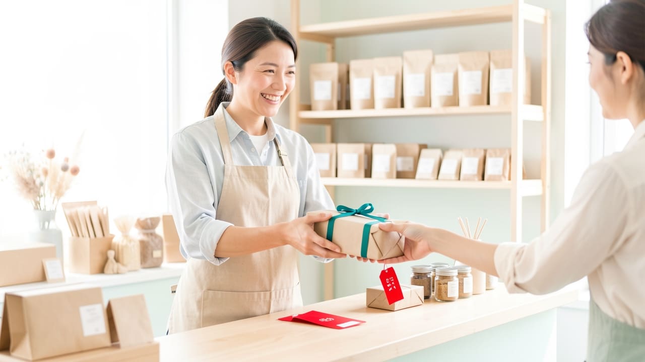 A shop owner in an apron handing a wrapped order across the counter to a smiling customer, shelves of handmade products behind them