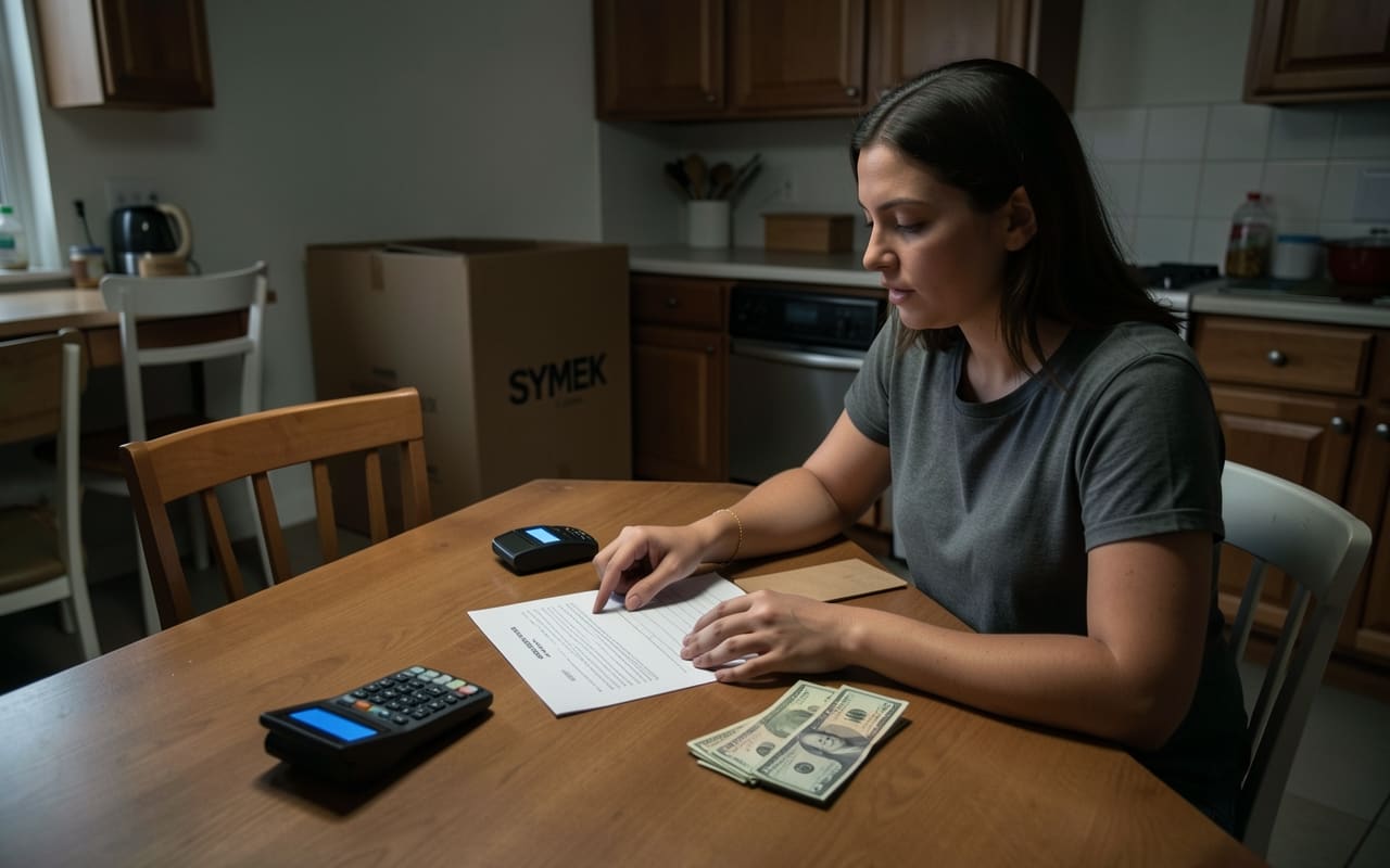 The woman coaches a client seated across her kitchen table, papers and a card reader between them