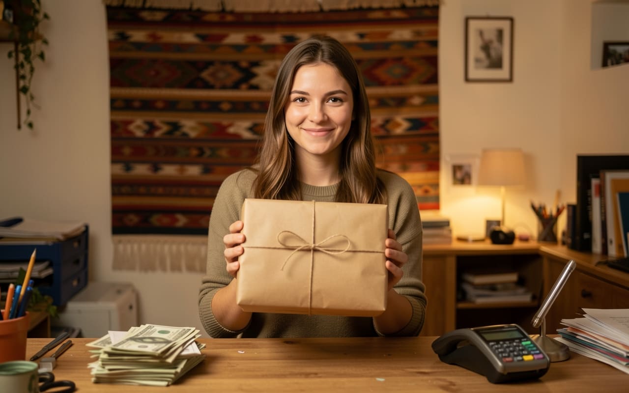 The woman holds up a finished string-tied brown-paper order toward the camera, a stack of cash and a card reader on the desk beside her, sealing the sale