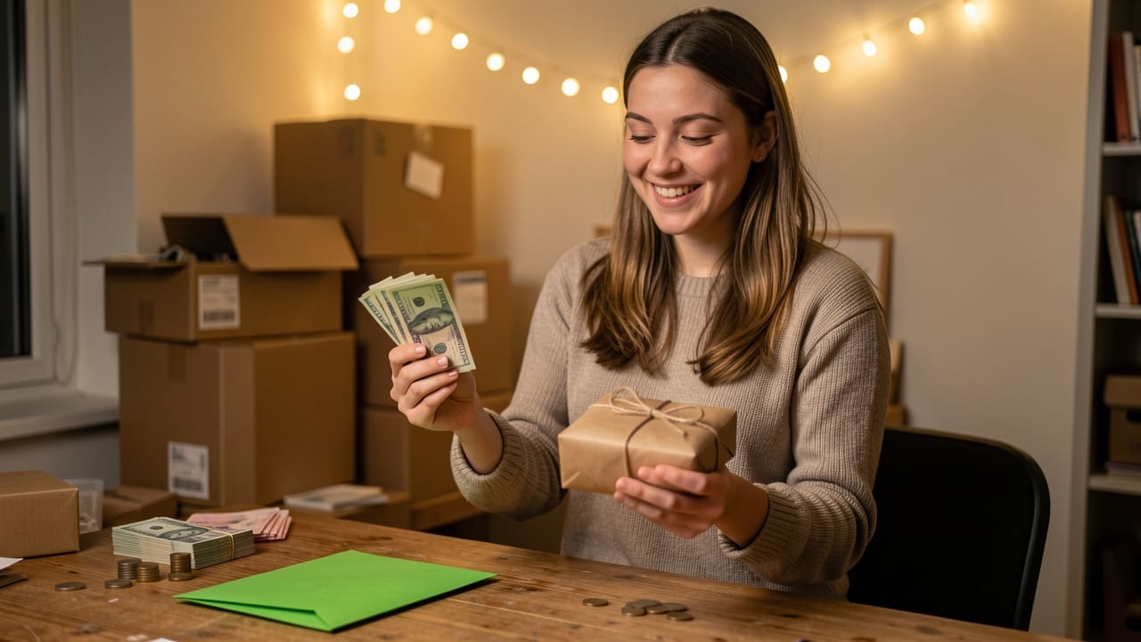 A young woman smiles at her home worktable holding a fan of cash in one hand and a string-tied brown-paper parcel in the other, with a green envelope, coins, and stacked shipping boxes around her