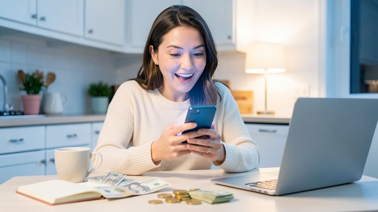 A woman at her kitchen table late at night, smiling as she looks at her laptop screen glowing with a sales notification, coffee cup beside her