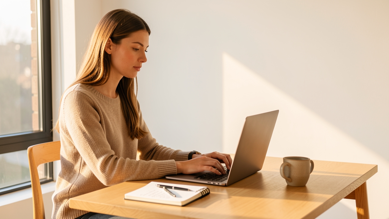 Professional woman composing an email sequence on a laptop at a sunlit minimal desk with a ceramic coffee cup and handwritten notes nearby