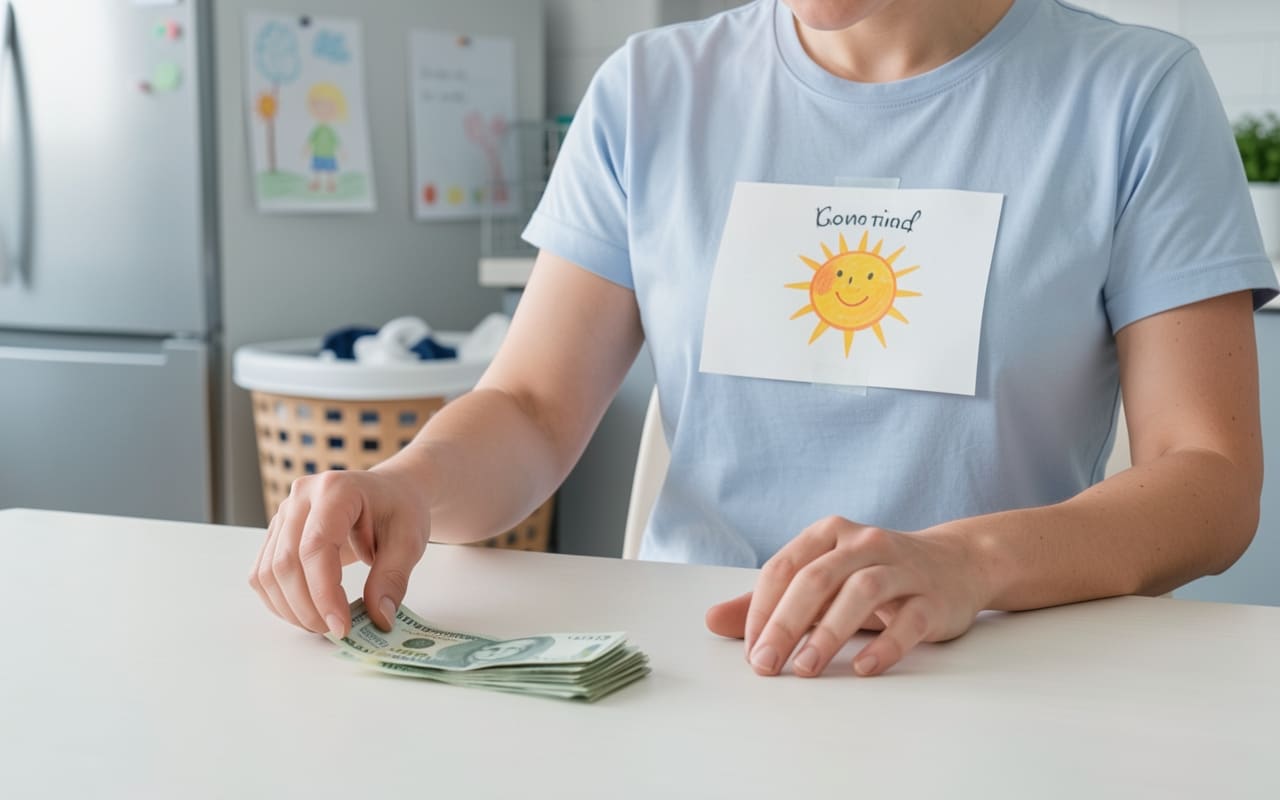 A parent at the kitchen table sliding a stack of cash across the counter toward a small ledger