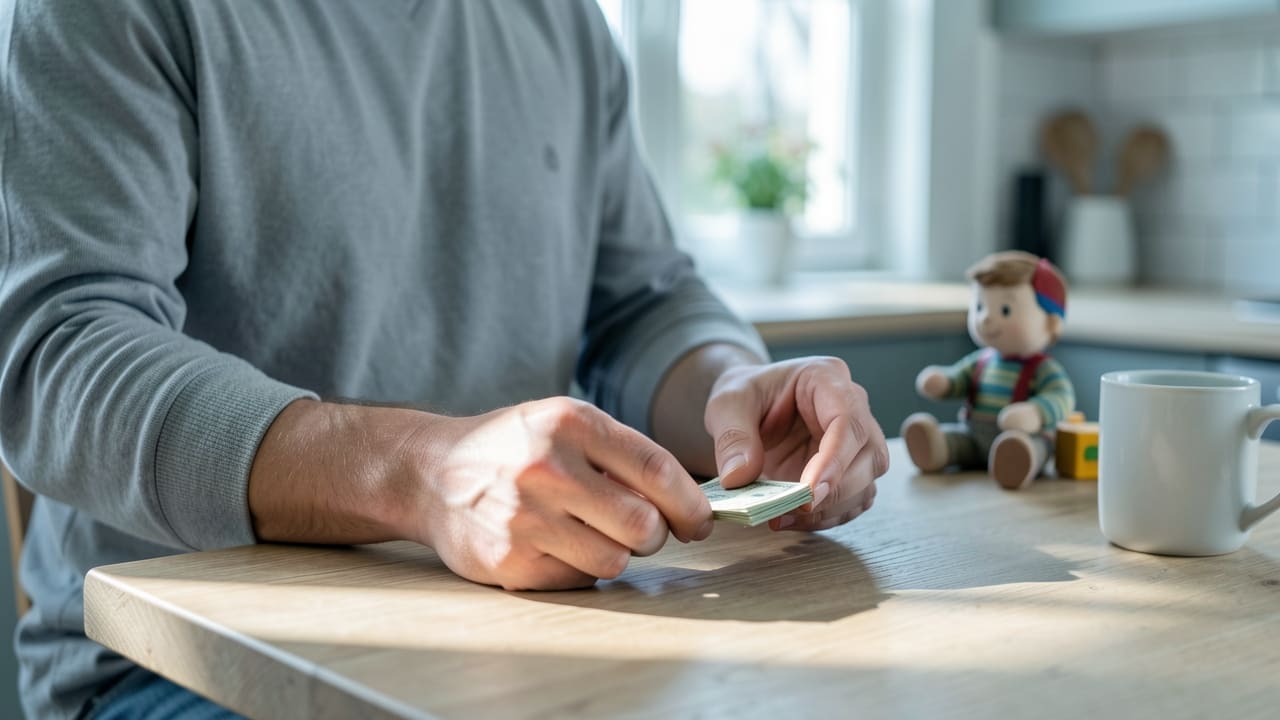 A parent at a kitchen table counting cash into stacks while a toddler's toys sit nearby